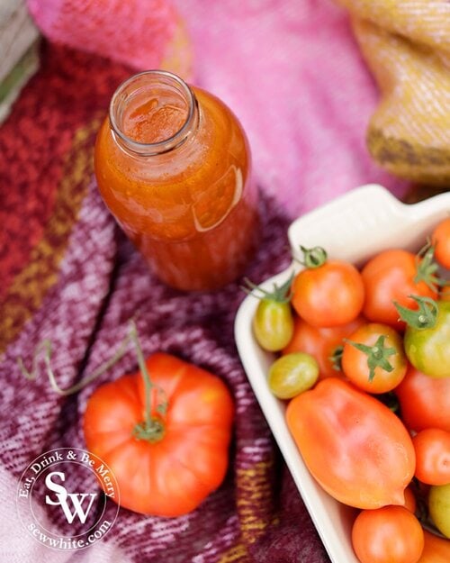 A tall bottle of home made ketchup on a pink and purple knitted blanket with a large buffalo tomato and le creuset rectangle dish filled with homegrown tomatoes.