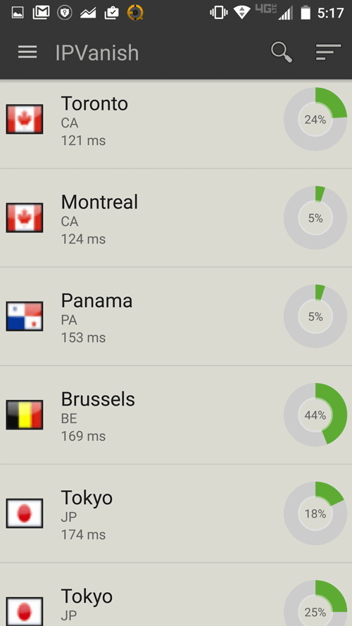 IPVanish servers (android)