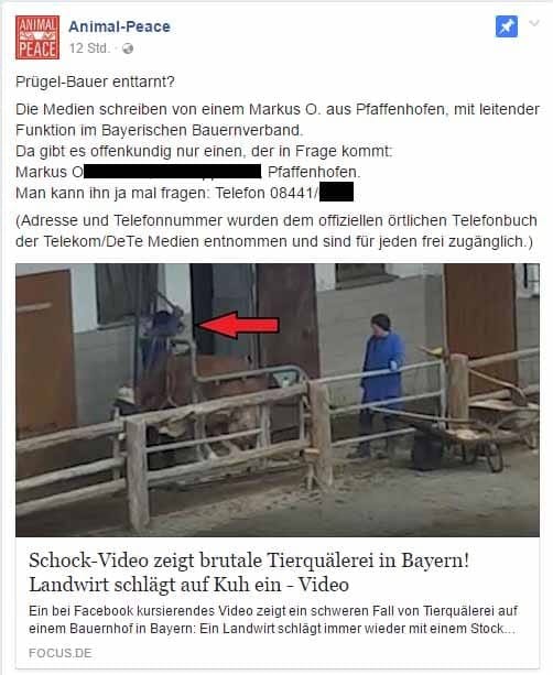 Silke Ruthenberg von Animal Peace veröffentlicht Adresse aus Strafanzeige von PeTA / Screenshot Facebook 29.05.2017