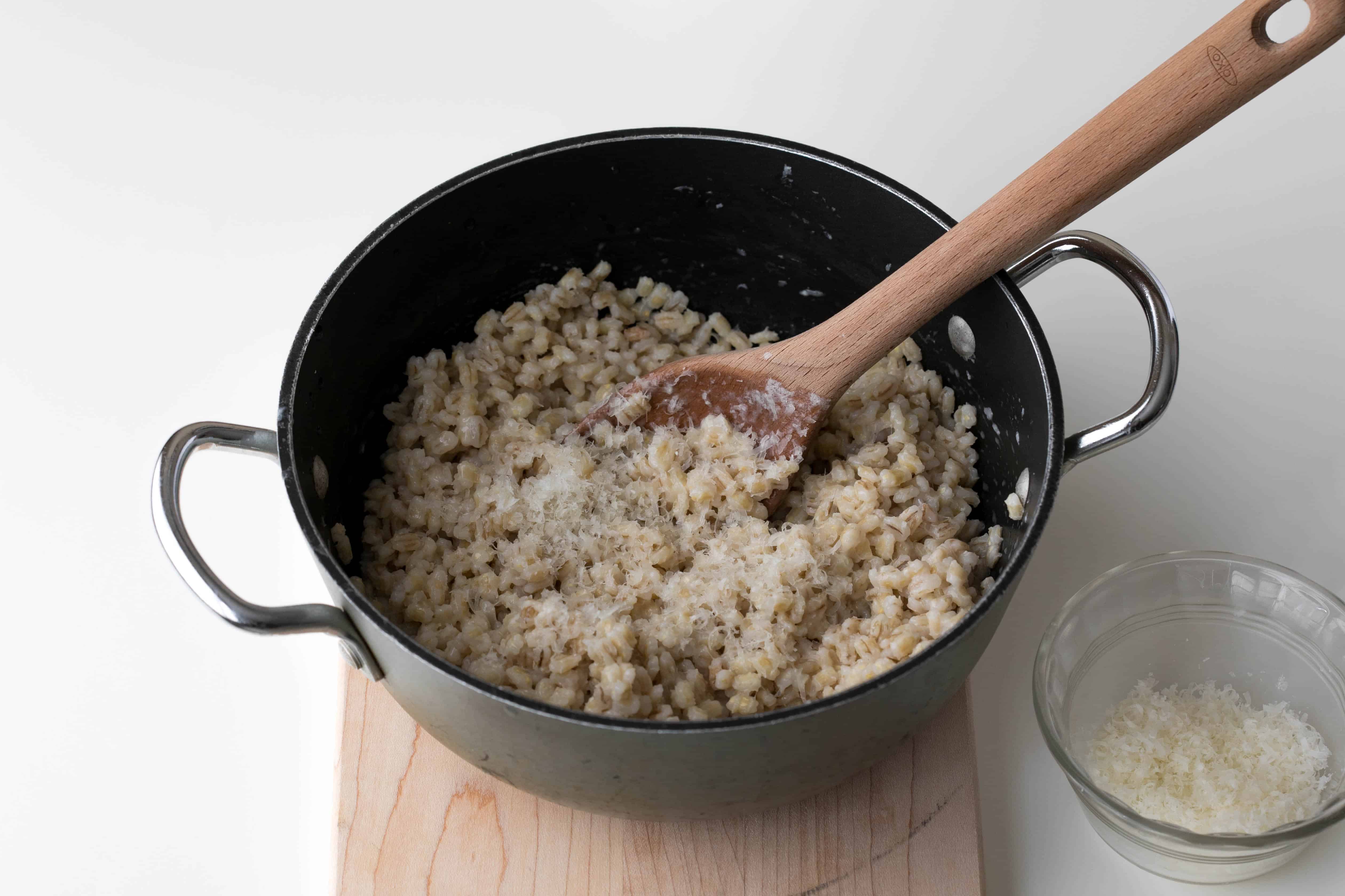 pot of pearl barley with parmesan cheese