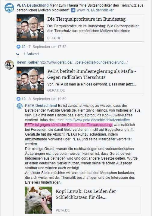 Screenshot PeTA Facebook-Seite - Antwort von PeTA auf einen GERATI Artikel