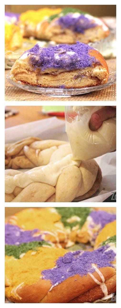 Three pictures placed vertically. Top picture- a slice of King Cake topped with purple sanding sugar. Middle picture- piping cream cheese filling on top of the King Cake dough. Bottom picture- King Cake topped with white glaze and purple, green, and yellow sanding sugar