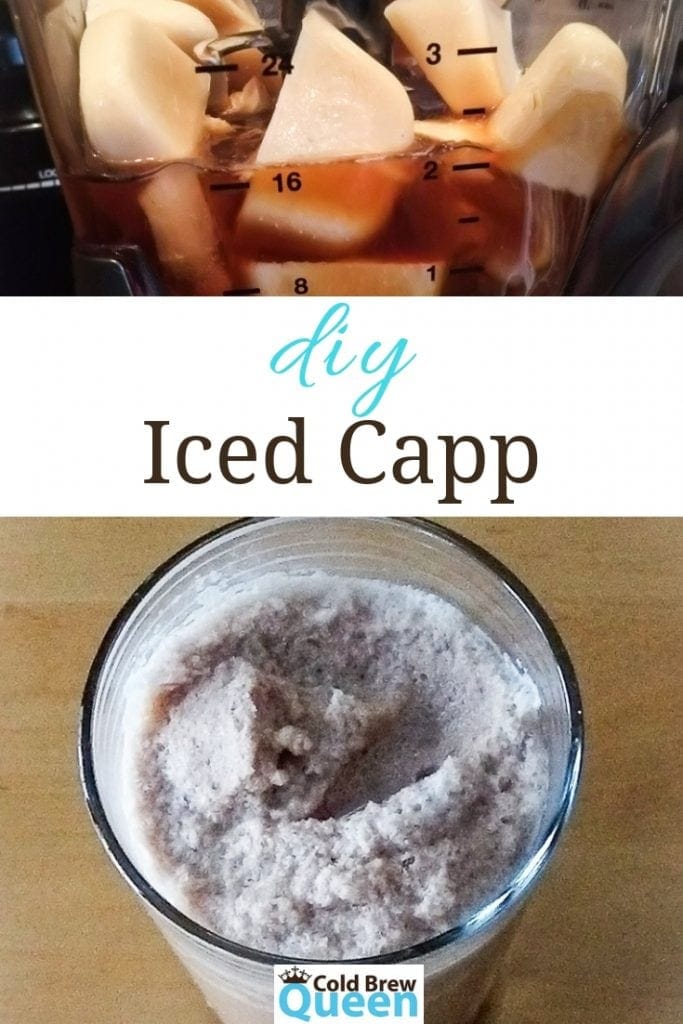 milk cubes in a blender with coffee and a glass of homemade iced cappucino with text diy iced capp