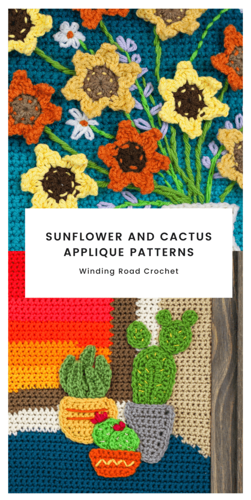 Learn to crochet appliques and adjust applique sizes for your crochet painting. Free crochet pattern for sunflower and cactus appliques included.