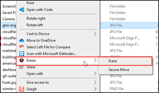 Options when you right-click Eraser in Windows Explorer.