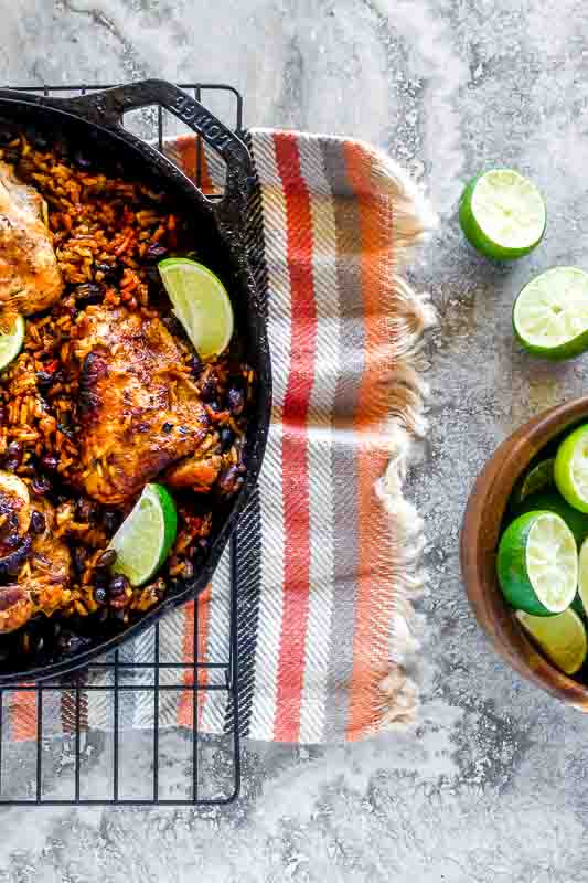 over head shot of arroz con pollo in a cast iron pan