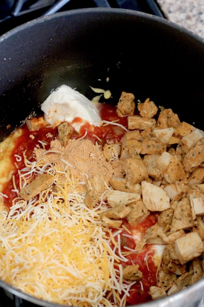 chicken, salsa, cooked pasta, shredded cheese, cream of chicken soup, sour cream
