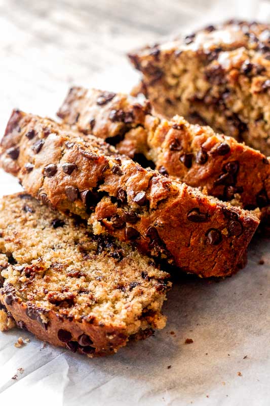 close up of the slices of chocolate chip banana bread, focusing on the tops covered in chocolate chips