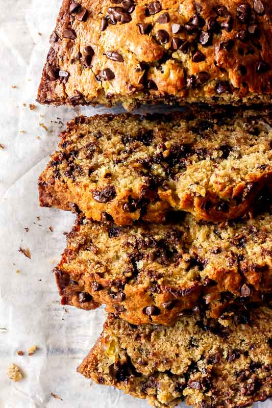 overhead shot of slices of easy chocolate chip banana bread slices fanned out