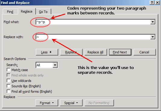 Word Find and Replace dialog