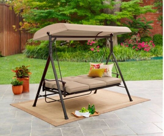 3 PERSON PATIO SWING WITH CANOPY IN DAYBED POSITION