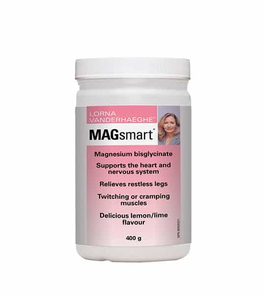 lorna-vanderhaeghe-magsmart-400g White container with pink label of Lorna Vanderhaeghe Magsmart Supports the heart and nervous system, relieves restless legs contains 400g