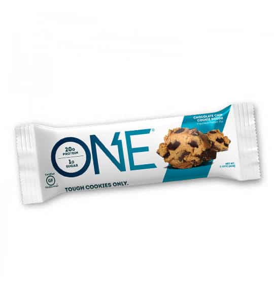 one-protein-bar-box-chocolate-chip-cookie-dough One white and teal pouch of One Tough Cookies only with Chocolate Chip Cookie Dough flavour contains 20 g protein