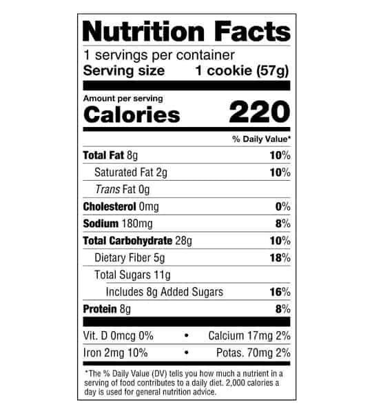Nutrition Facts panel of Lenny&Larry Complete Cookie Peanut Butter 12 Cookies for serving size of 1 cookie (57g)