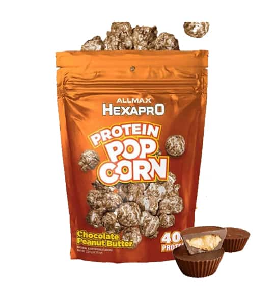 A glossy orange bag of Allmax Hexapro Protein Pop Corn with Chocolate peanut butter flavour contains 40g protein