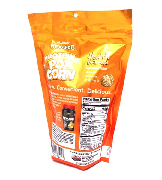 Back side of orange bag of Allmax Hexapro Protein Popcorn 110g shown in white background