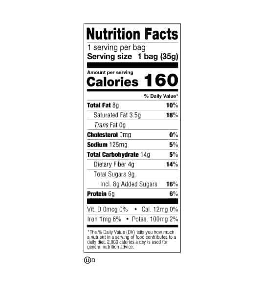 Nutrition facts panel of Lenny&Larrys The Complete Crunchy Cookies for serving size of 1 bag (35 g)