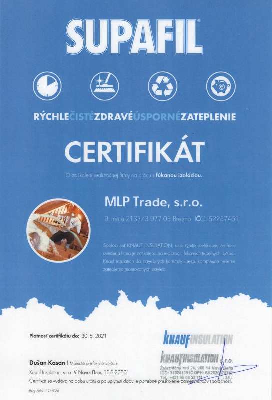 Certifikát fúkaná izolácia Supafil Knauf