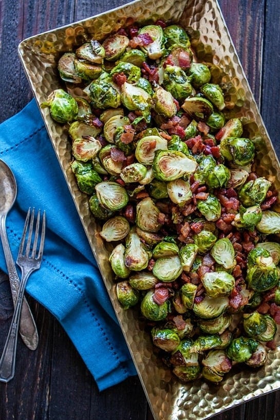 roasted brussels sprouts with bacon in serving dish