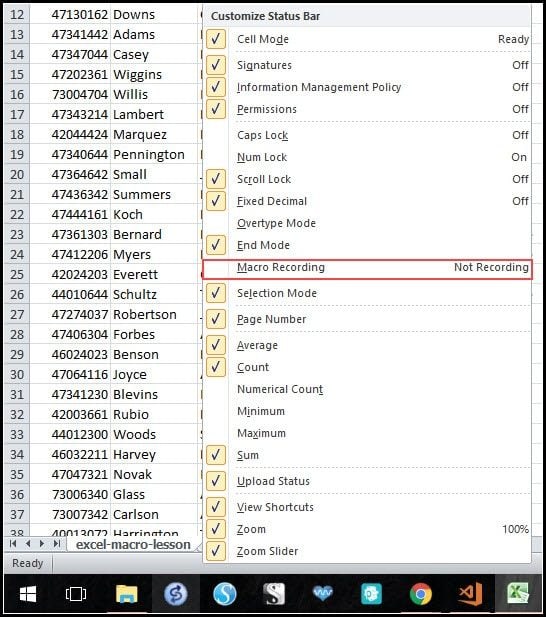 Excel customize status bar