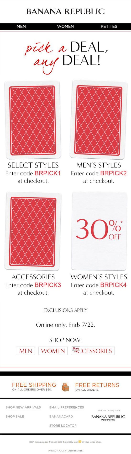 pick a deal, any deal! Banana Republic gamification email example