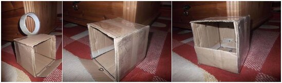 Menggunakan lakban untuk mengencangkan kotak dan membuat pintu masuk
