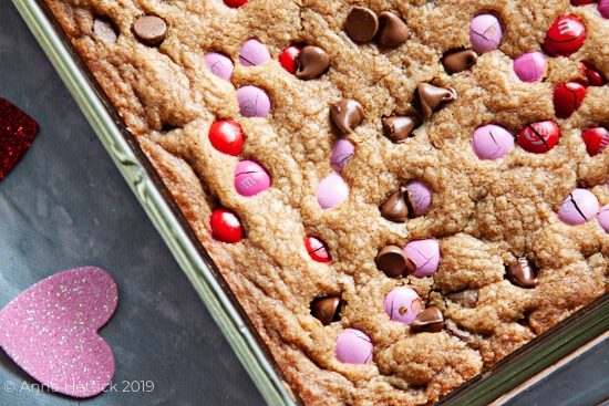 Chocolate Chip M&M Valentine's Day Cookie Bars