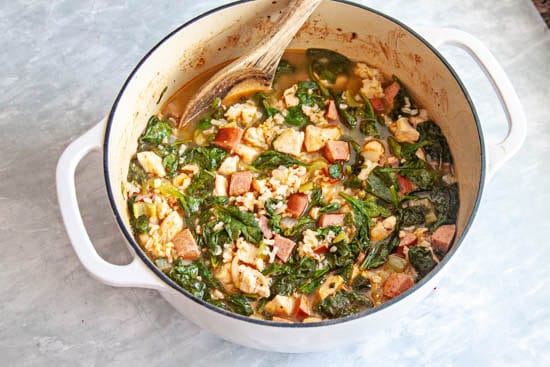 Cajun Chicken & Sausage with Rice on gray concrete counter