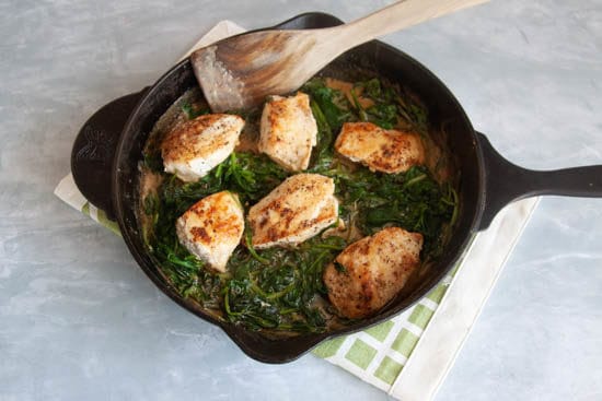 Creamy Chicken & Spinach Skillet on gray counter