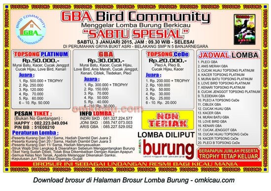 Brosur Lomba Burung Berkicau Sabtu Spesial GBA Community, Banjarnegara, 3 Januari 2015