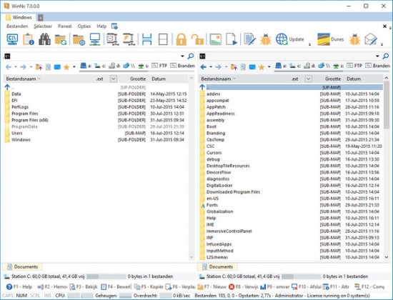 De interface van WinNC is opgedeeld in twee helften.