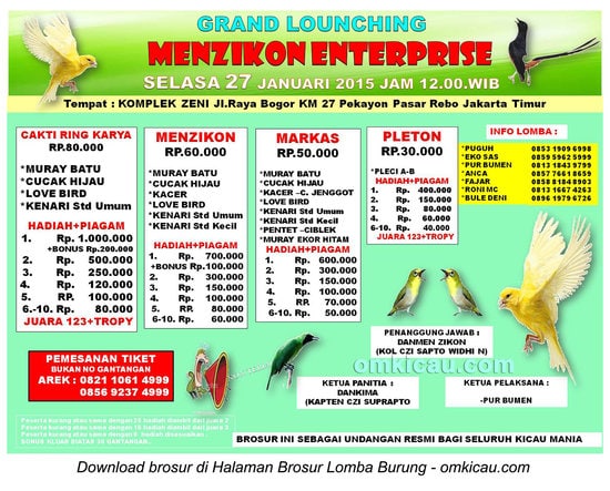 Brosur Lomba Burung Berkicau Grand Launching Menzikon Enterprise, Jakarta Timur, 27 Januari 2015