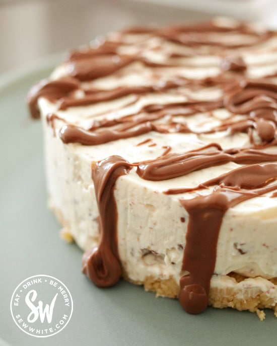 A drizzle of milk chocolate over the cheesecake.