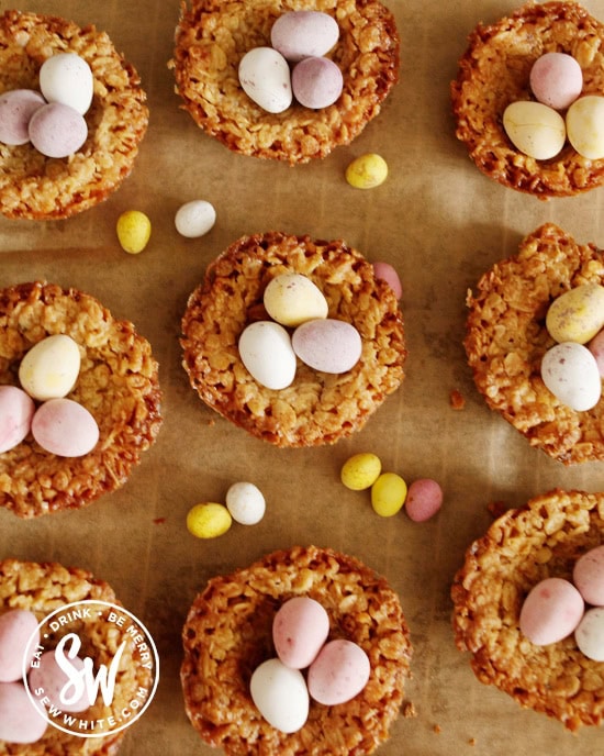 Flapjacks made to look like Easter Nests and topped with mini eggs. Flapjack Easter Nests
