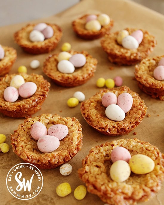 Flapjack Easter Nests topped with mini eggs chocolate easter eggs