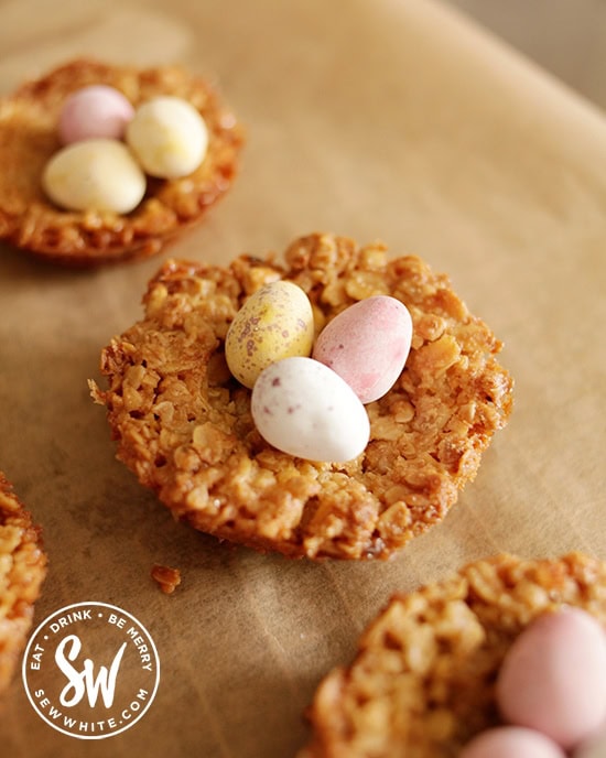 Easy Easter treats to make at home using mini eggs. Flapjack Easter Nests