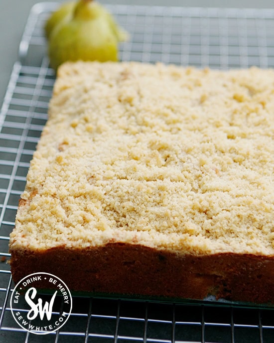 Close up of the crumble cake topping on the crumble cake