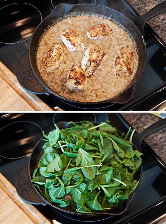 chicken in cream in skillet, spinach