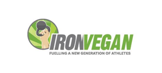 Ironvegan logo arm holding kettle bell grey and green font with tag line fuelling a new generation of vegan athletes