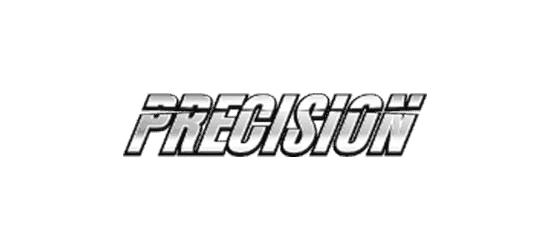 Precision supplements logo silver italic font with line through it and black stroke