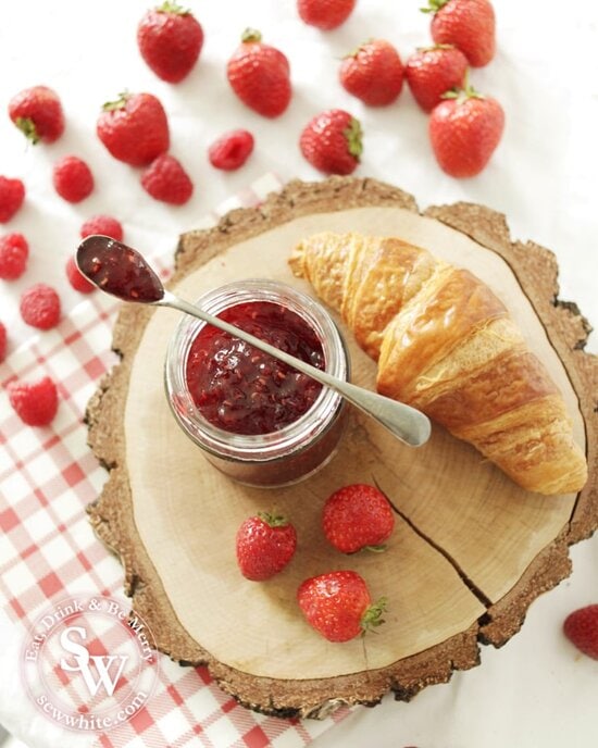Try serving your homemade strawberry and raspberry jam with freshly baked croissants