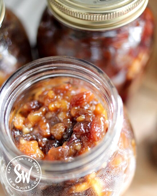 close up of vegan mincemeat in a kilner jar after being cooked in the slow cooker.