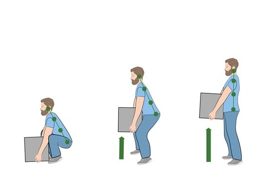 richtig-heben Bei anheben von Lasten vom Boden ist darauf zu achten, dass man in die Knie geht und dabei seinen Rücken gerade hält.