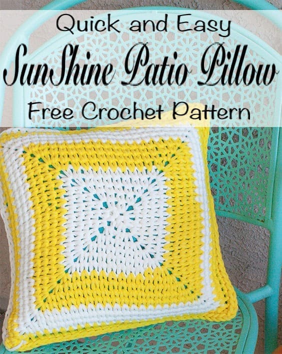 The Sunshine Patio Pillow is an excellent way to brighten up your outdoor living area. THe free crochet pattern only uses one skein of Bernat Maker Outdoor yarn per pillow and has a very unique stitch. This pattern uses very few stitches and is quick and easy. It is great for beginners. #quick #easy #crochet #freepattern #pillow