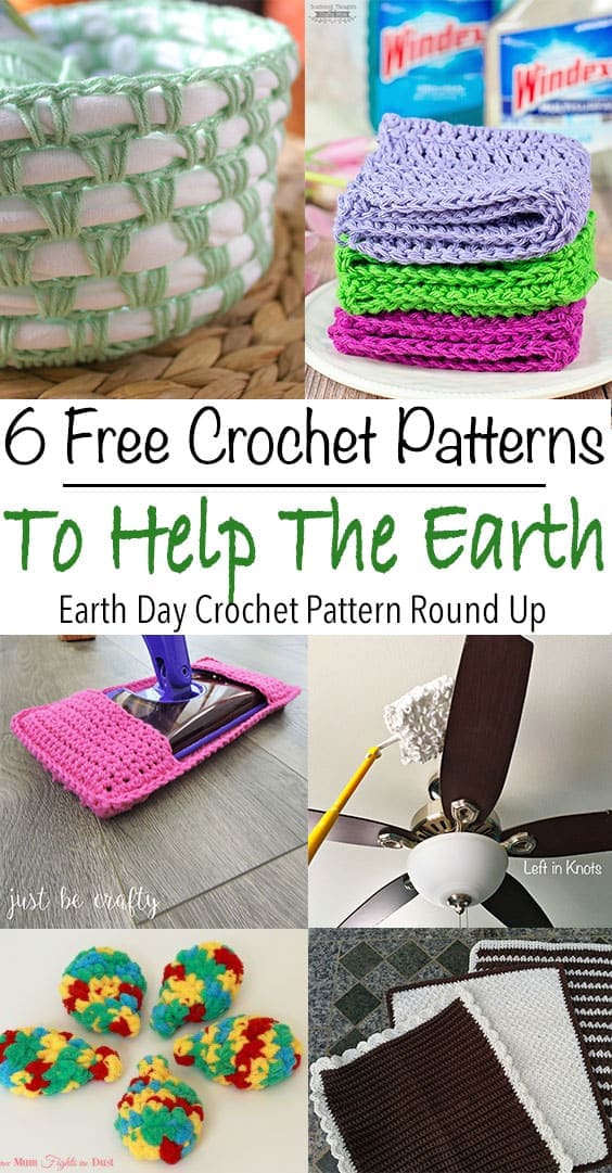 Celebrate Earth Day this year with these quick and easy free crochet patterns. These patterns will help you recycle, reuse and reduce in your home. Crochet reusable swifter dusters and wet jet refills. Make baskets with your old t-shirts.