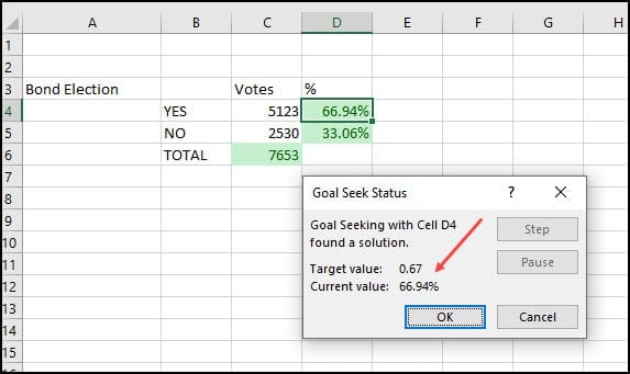 Goal Seek dialog with current value less than target value.