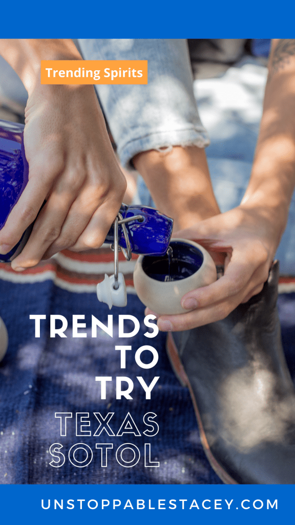 Pinterest image of woman pouring Texas sotol from blue bottle