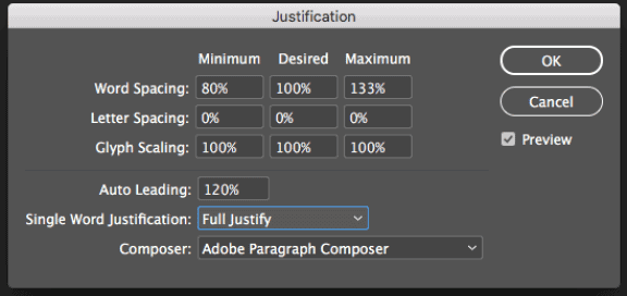 Default settings for justification in Adobe InDesign