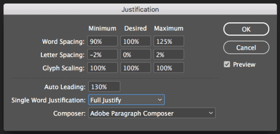 My revised settings for justification in Adobe InDesign