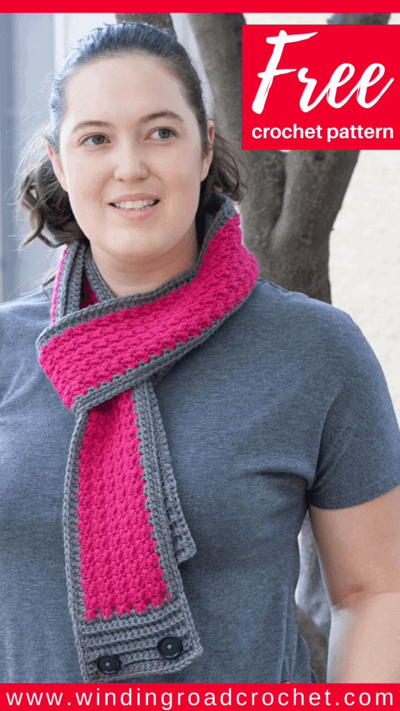 Learn to crochet a beautilful textured buttoned infinity scarf with this free crochet pattern. Learn how to get a printable label for the scarf as well. #crochetscarf #infinityscarf